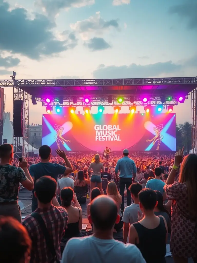 A vibrant stage scene from the Global Music Festival 2022, showcasing artists from various countries and musical genres.