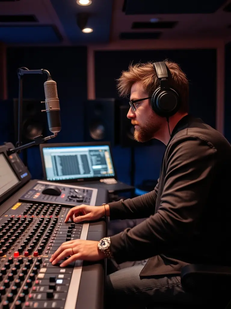 A photo of a recording studio session supported by COPYCATS MUSIQUE, showing an artist working on their music with professional equipment.