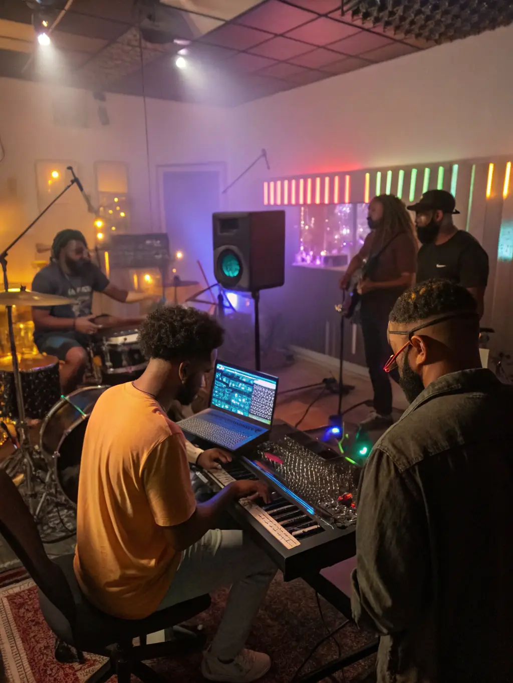 A diverse group of musicians collaborating in a recording studio, representing the Indie Artist Support Program, focused on mentorship and career development.