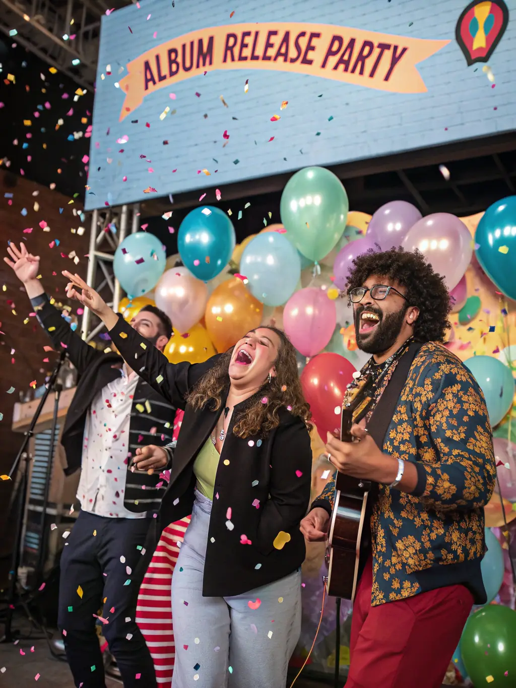 A photo of a COPYCATS MUSIQUE-sponsored music distribution event, showing artists celebrating the release of their music, emphasizing the organization's support in reaching global audiences.