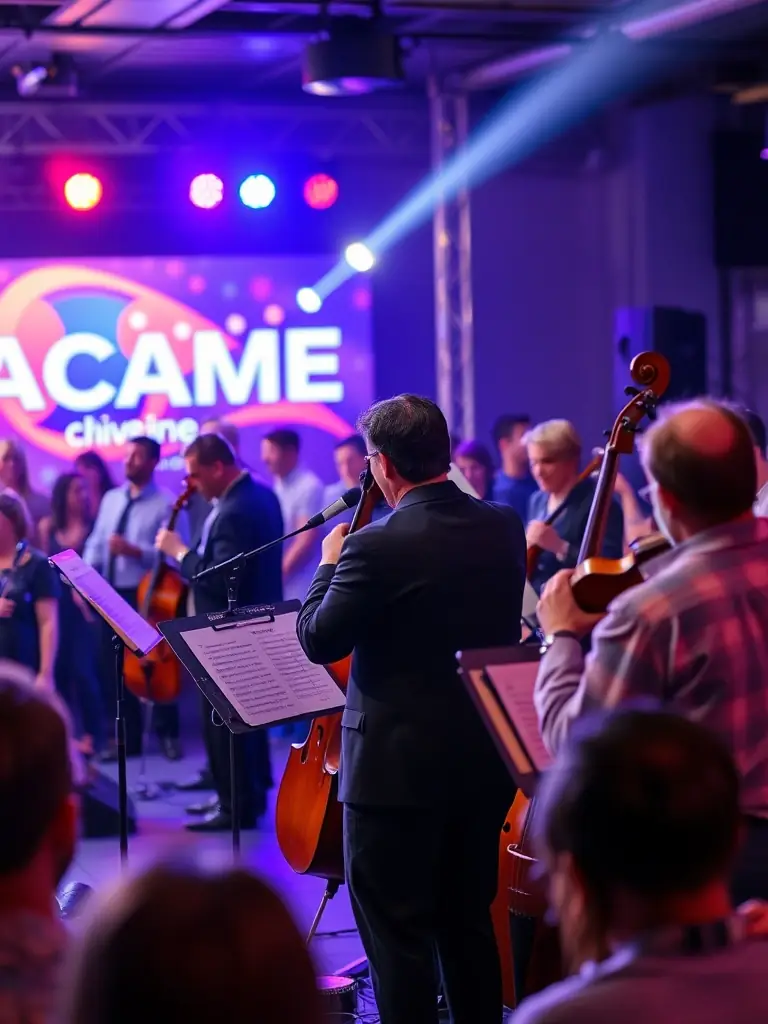 A vibrant photo of a live music performance at one of COPYCATS MUSIQUE's events, showcasing a diverse group of musicians and an enthusiastic audience.