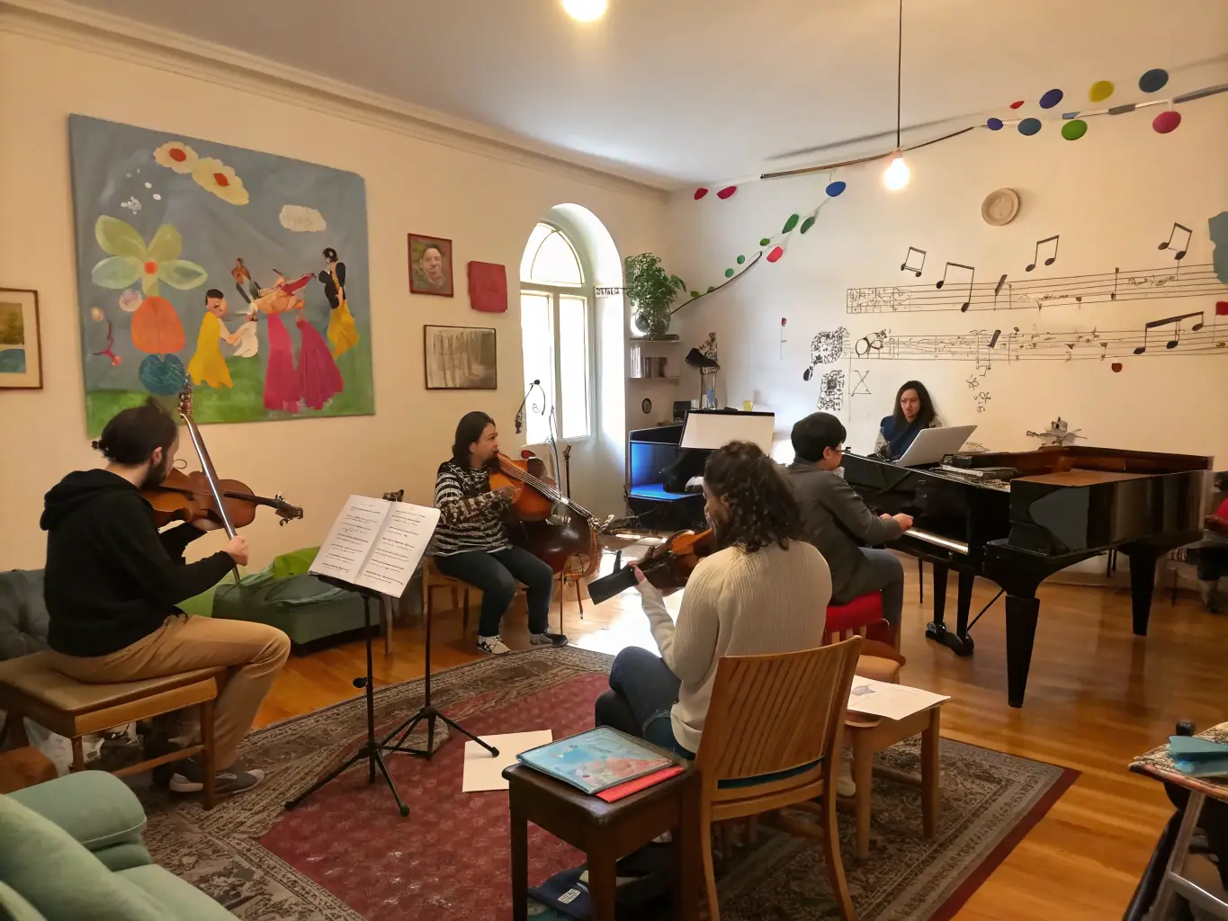 A collaborative workshop session with mentors guiding emerging independent musicians, symbolizing the Indie Artist Support Program.