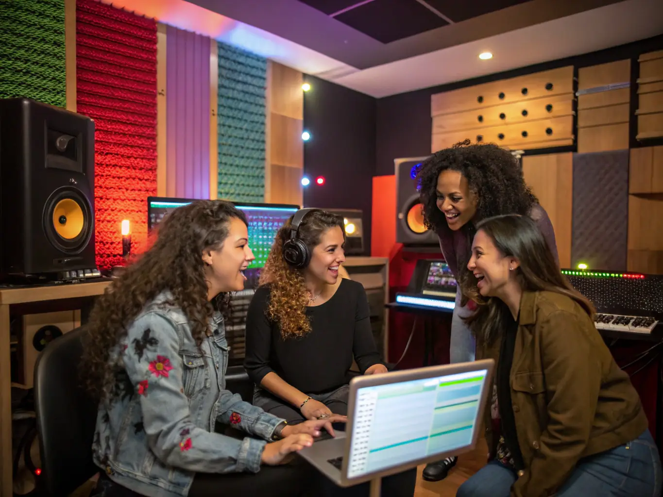An image of a diverse group of musicians recording in a studio with promotional materials around them, representing COPYCATS MUSIQUE's artist promotion and distribution services.