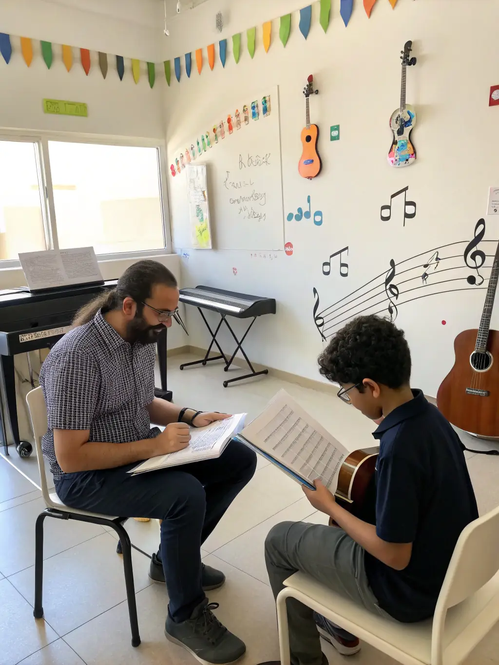 A photo of a workshop session organized by COPYCATS MUSIQUE, featuring a music industry professional mentoring a group of young musicians.