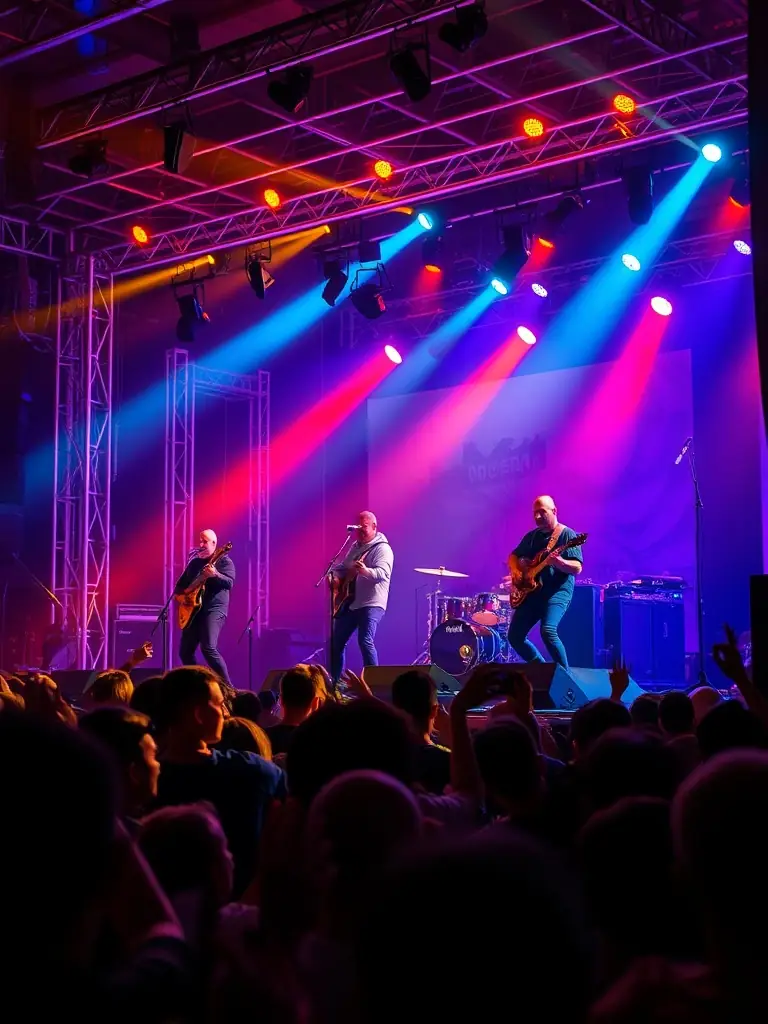 A vibrant photo of a live music performance at a COPYCATS MUSIQUE event, showcasing a diverse group of musicians and audience members, capturing the energy and excitement of the event.